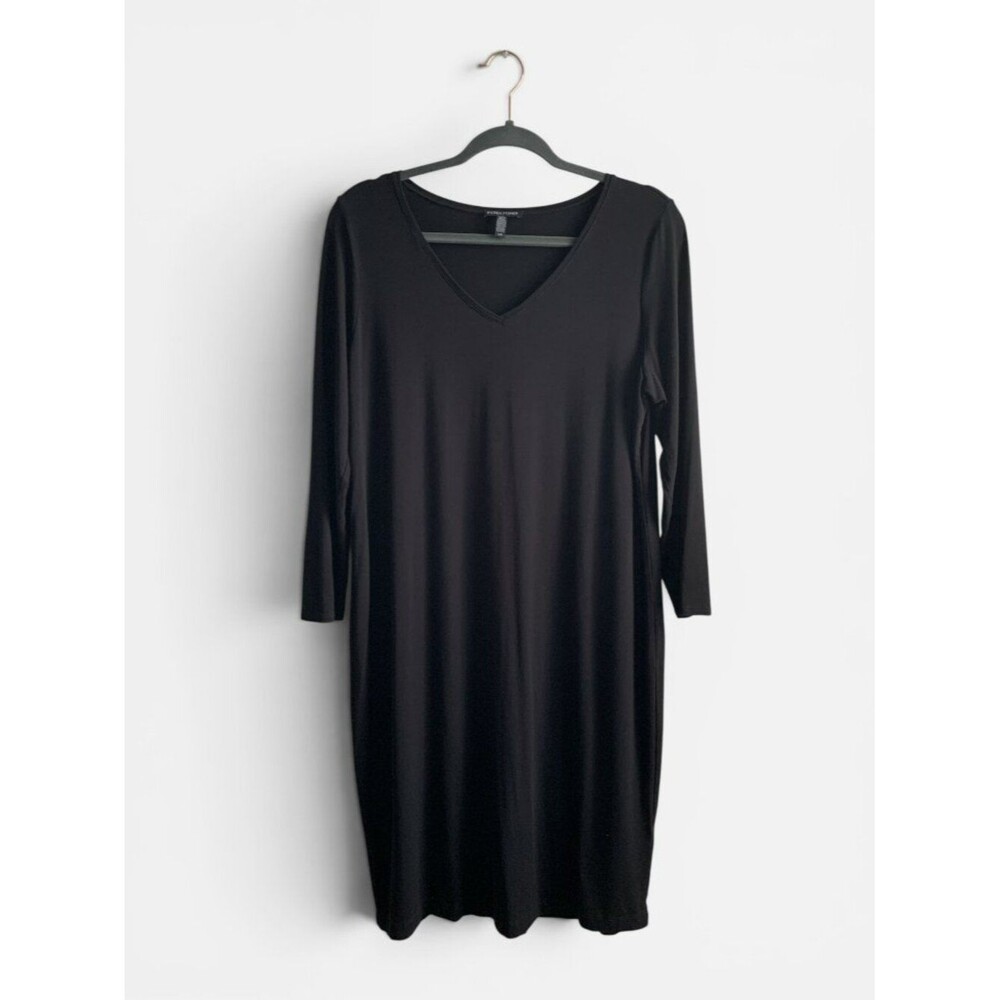 Eileen Fisher Black Jersey Knit Midi Dress V Neck Long Sleeve Size Large
